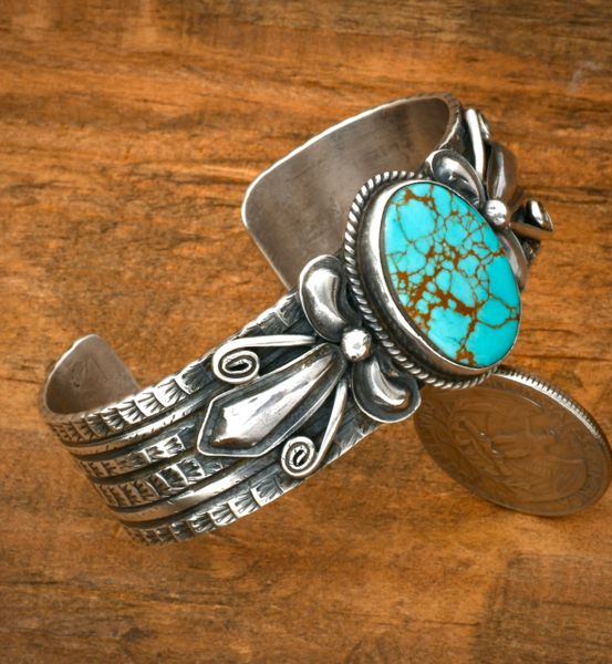 Gilbert Tom' hand-stamped and repousse' Navajo cuff for medium/small wrist. #2404a