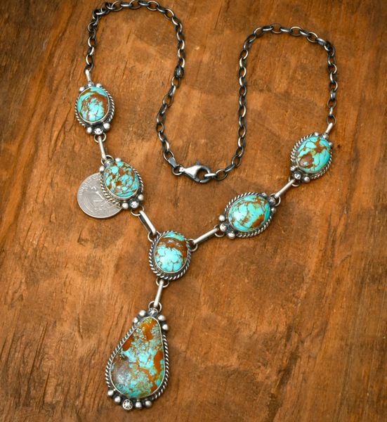 Navajo six-stone turquoise pendant necklace w/heavy gauge chain, by Augustine Largo. #2407a