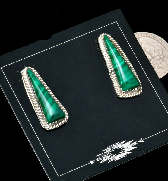 Striped malachite Navajo earrings by Sharon McCarthy. #2412a