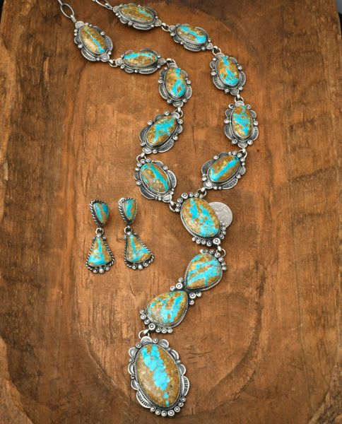 Navajo 14-stone, true 'lariat' ribbon turquoise necklace and earring set, by the late Gilbert Tom. #2414a