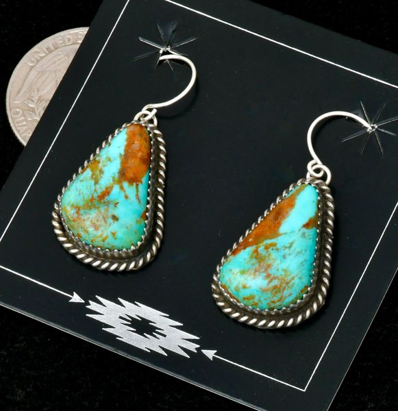 Virginia Becenti' old-style patina Navajo earrings with matching Kingman turquoise. #2414a