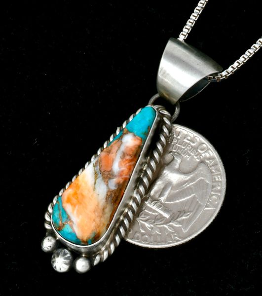 Augustine Largo' turquoise and spiney-oyster shell Navajo pendant w/chain. #2415a