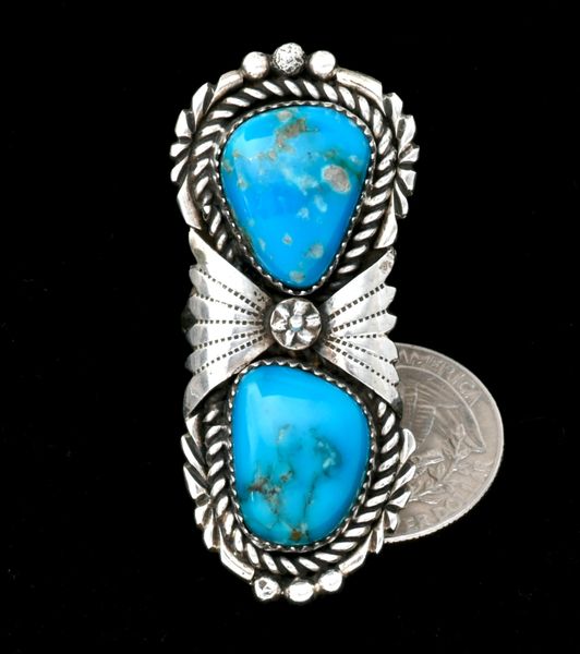 Immaculate and finely-crafted, older Navajo size 7.75 turquoise pawn ring by Joe Tso. #2417a