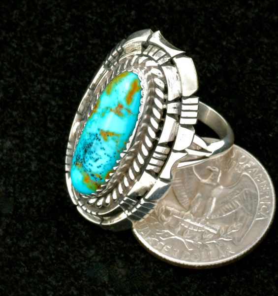 Navajo size 7.5 Kingman turquoise ring with quadruple bezels. #2424a