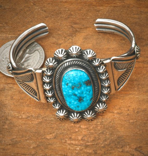 Leon Martinez' small wrist size, thick-gauge Navajo cuff with water-web Kingman turquoise. #2428a