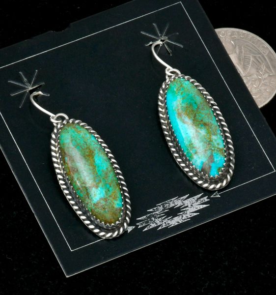 Turquoise earrings in old-style Sterling patina by Navajo artisan Freda Martinez. #2430a