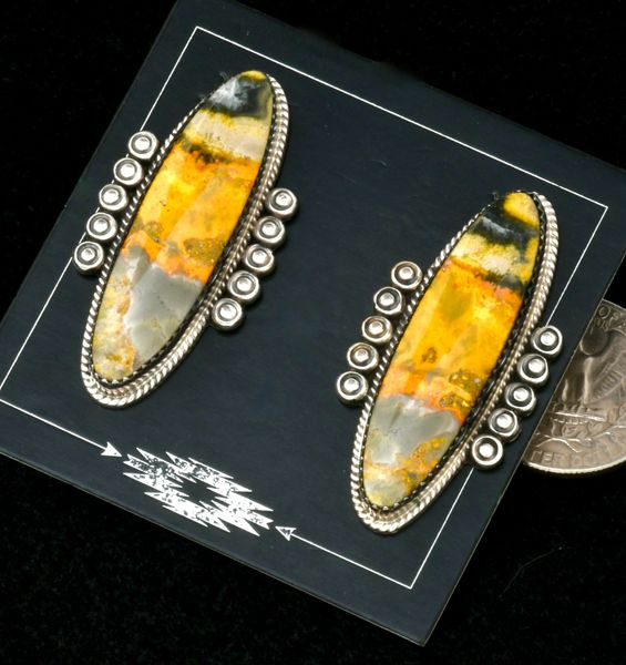 Near-bookend match Bumblebee Jasper Navajo earrings by Phillip Yazzie. #2433a