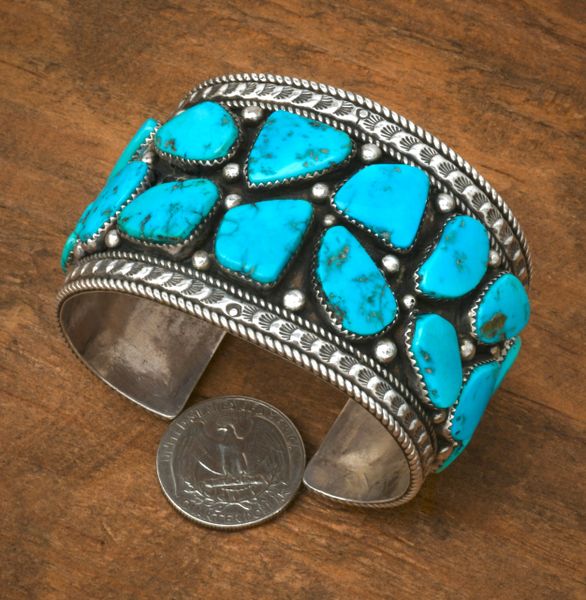 Older, Navajo 21-stone turquoise pawn cuff for 6.75-inch wrist. #2434a