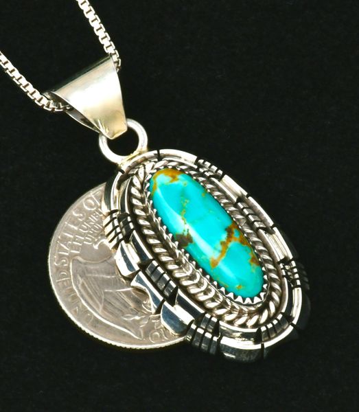 William Begay' stacked bezel Kingman turquoise Navajo pendant w/chain. #2435