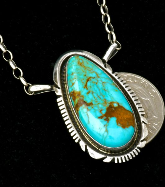 Alfred Martinez' Kingman turquoise Navajo pendant w/chain. #2436a