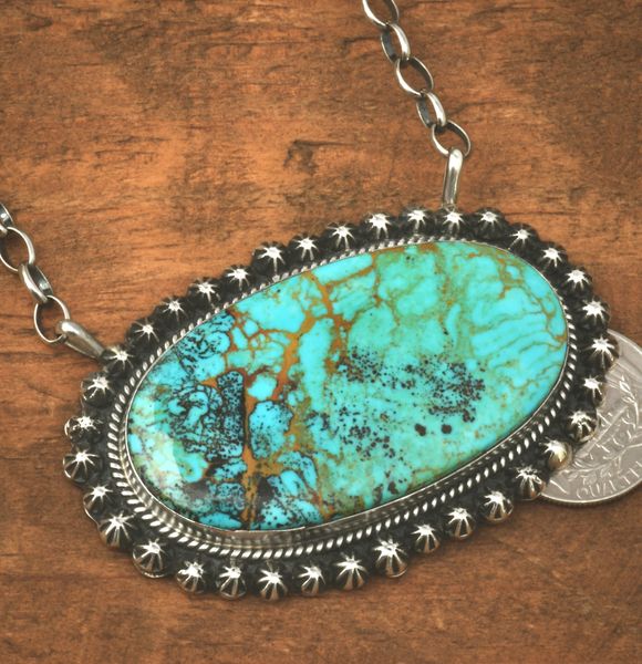 Gilbert Tom' large, colorful turquoise bar-type Navajo pendant necklace. #2437a