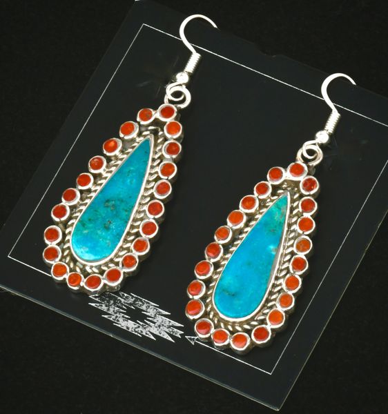 Vincent Shirley 2.25-inch turquoise and red coral Navajo earrings. #2438a