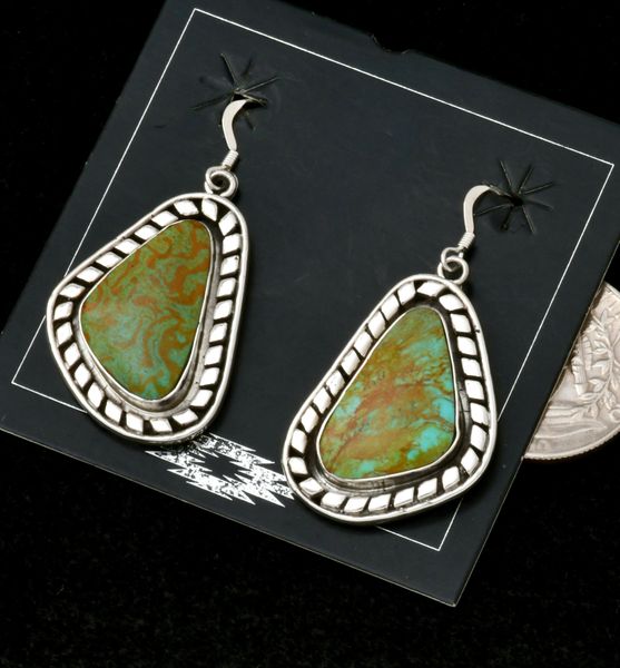 Sharon McCarthy' green-hue Kingman turquoise Navajo earrings. #2439a