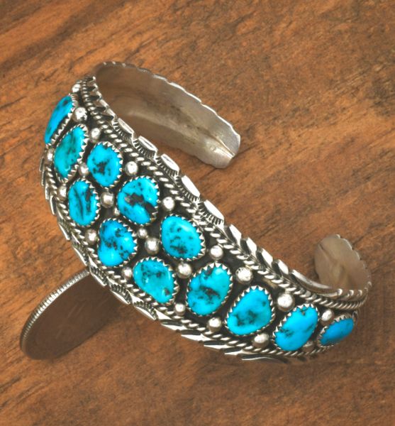 Traditional Navajo cuff with Sleeping Beauty turquoise for 6 and 5/8th's-inch wrist. SOLD! #2446a