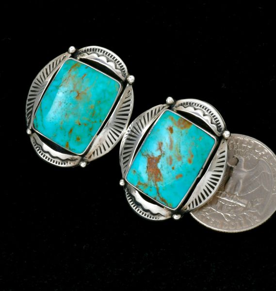 Concho-style Navajo earrings with Kingman turquoise. #2448a