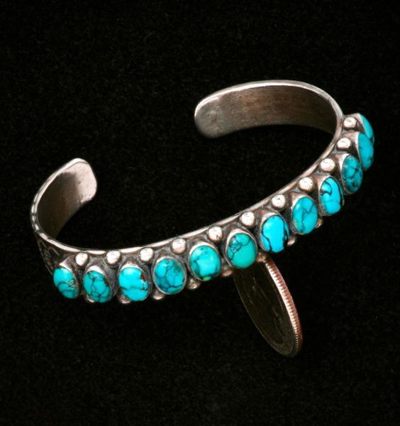 Older 12-stone Navajo turquoise row cuff for smaller 6.25-inch wrist. #2450a