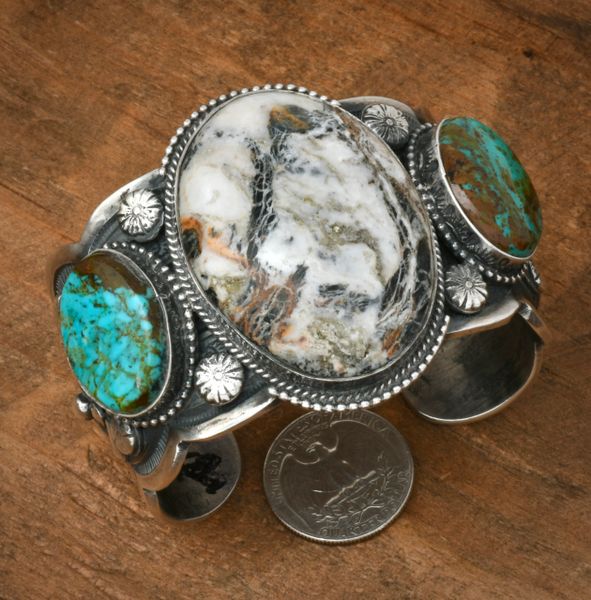 Gilbert Tom' thick-gauge Navajo trophy cuff with White Buffalo and turquoise. 2452a