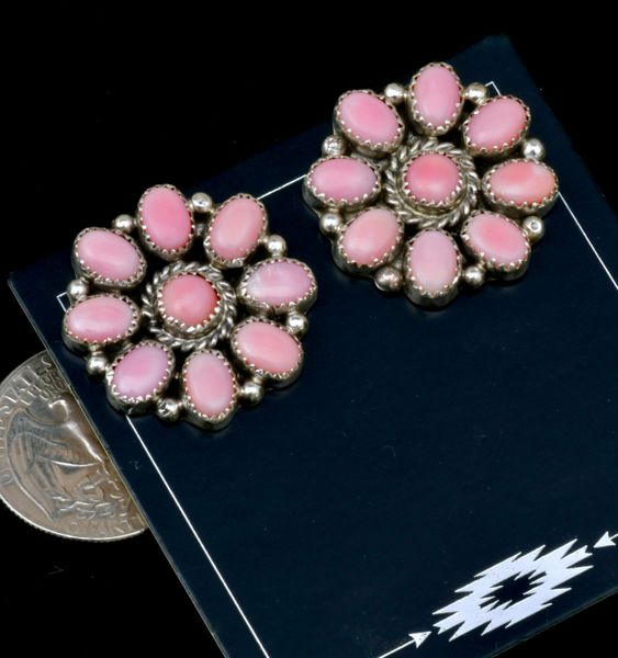 Pink conch Navajo cluster earrings by Maxine Ramirez. #2501