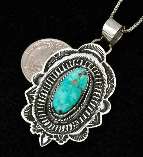 Freddie Maloney' intricately hand-stamped turquoise Navajo pendant w/chain. #2504