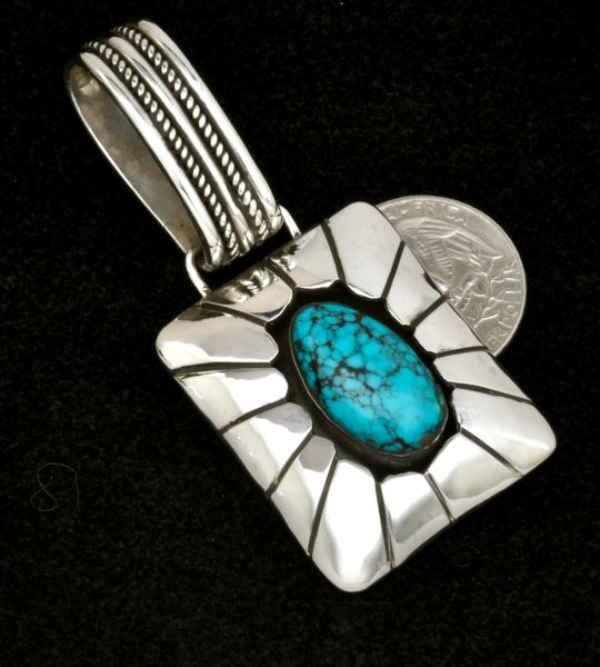 Navajo domed shadowbox large-bale pendant with black web kingman turquoise. #2508