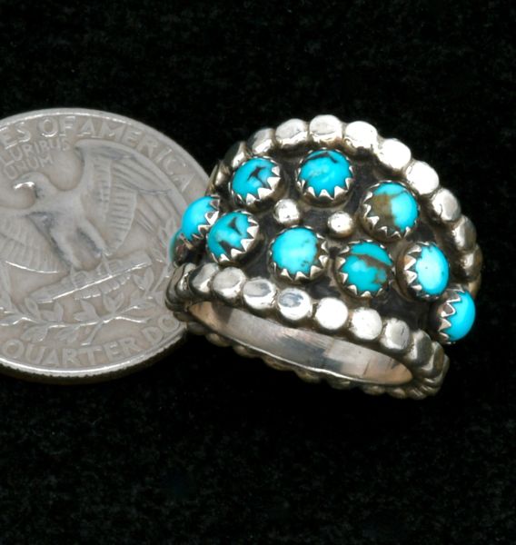 Size-6 fancy Navajo ring with 10 Kingman turquoise settings. #2511