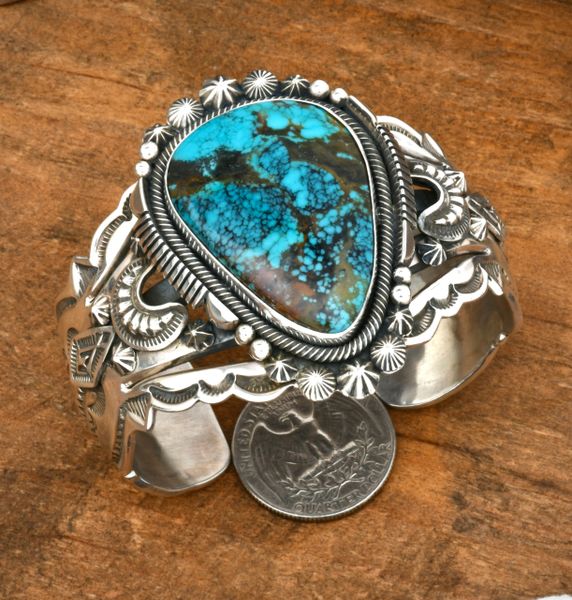 Aaron Toadlena' Navajo trophy cuff with Pilot Mountain turquoise. #2512