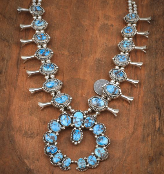 Golden Hills turquoise Navajo squash-blossom necklace by Joelias Draper.