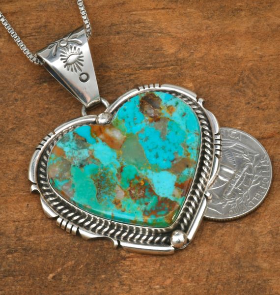 Large heart-shaped Navajo turquoise pendant by Jimmy Lee. #2518