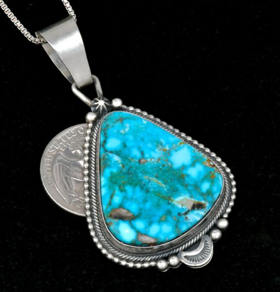 Daniel Benally' old-style patina Navajo pendant w/water-web Kingman turquoise. #2519