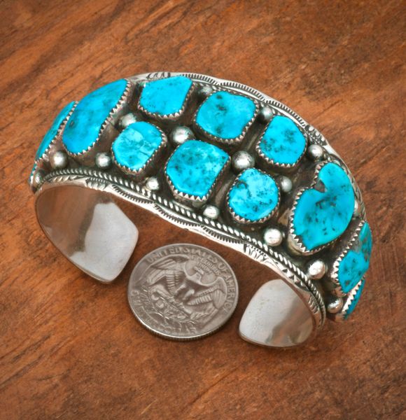 Older, classic Navajo cuff with pristine Sleeping Beauty turquoise. #2521