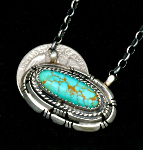 Turquoise bar necklace w/four-layer bezeling by Navajo artisan Wilford Begay. #2522