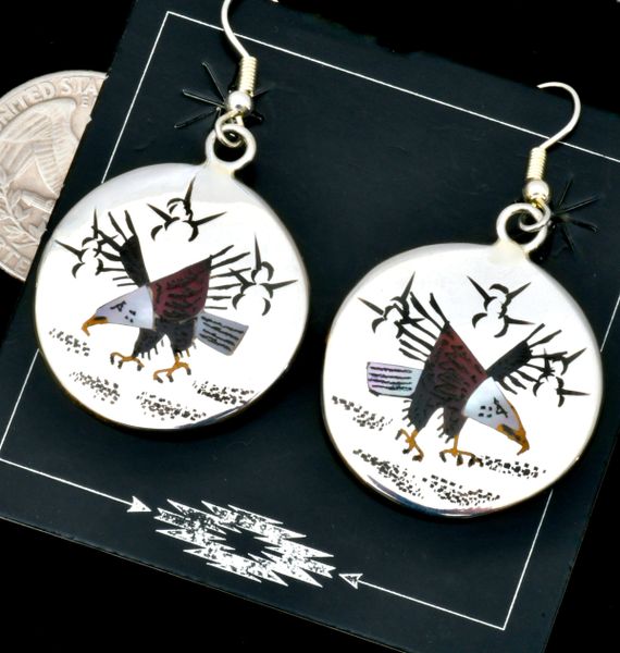 Zuni-type inlaid eagle earrings by Navajo artisan Raymond Boyd. #2528