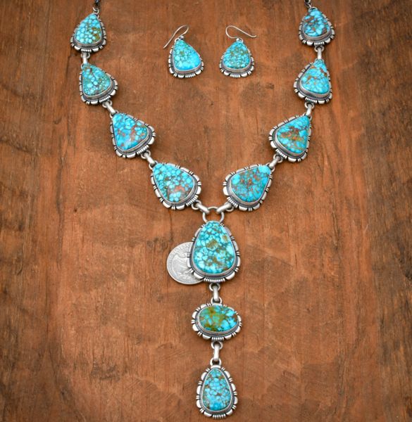 Turquoise lariat necklace and earring set by Navajo artisan Larry Moses Yazzie. #2530