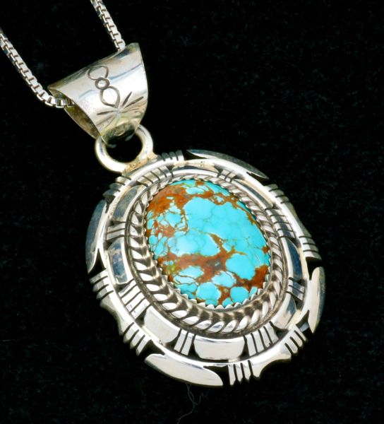 No. 8 Mine turquoise Navajo pendant w/four-layer bezel by William Begay. #2532