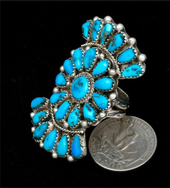 Large face, 24-stone Navajo size-9.25 trophy cluster ring w/Kingman turquoise. #2562
