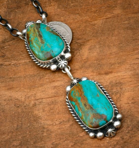 Augustine Largo' 3 and 7/8th's-inch turquoise two-pendant drop necklace. #2563