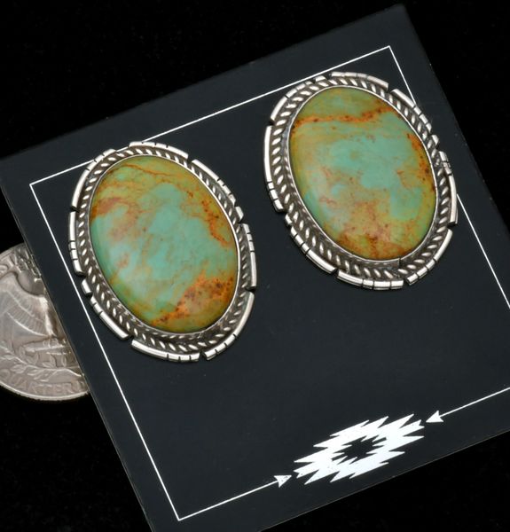 Larger Navajo earrings with greenish-hue Kingman turquoise. #2564
