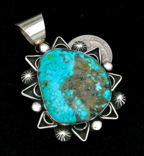 Larger Kingman turquoise pendant by Chimney Butte. #2565