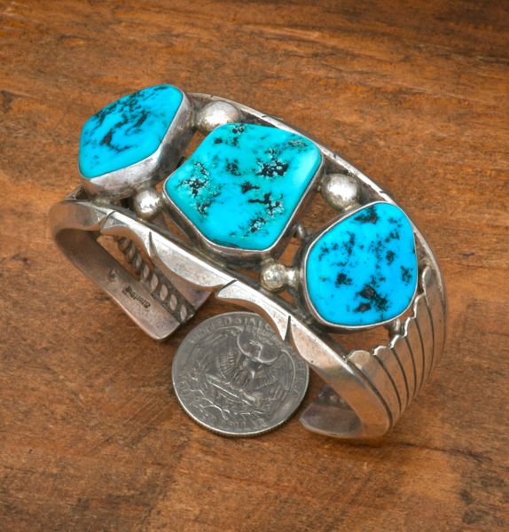 Older heavy-silver cuff w/Sleeping Beauty turquoise, by Navajo artisan Jerry Cowboy. #2566