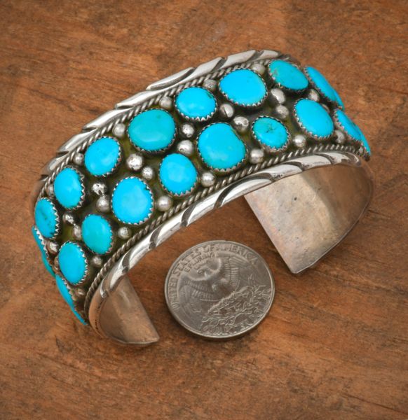 Older Navajo cuff with 30 Kingman turquoise stones, by Irene Chiquito (R.I.P.). #2572