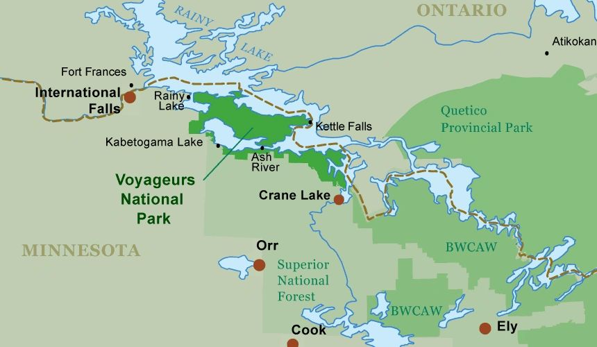 Detailed map with information about Crane Lake and surrounding areas.