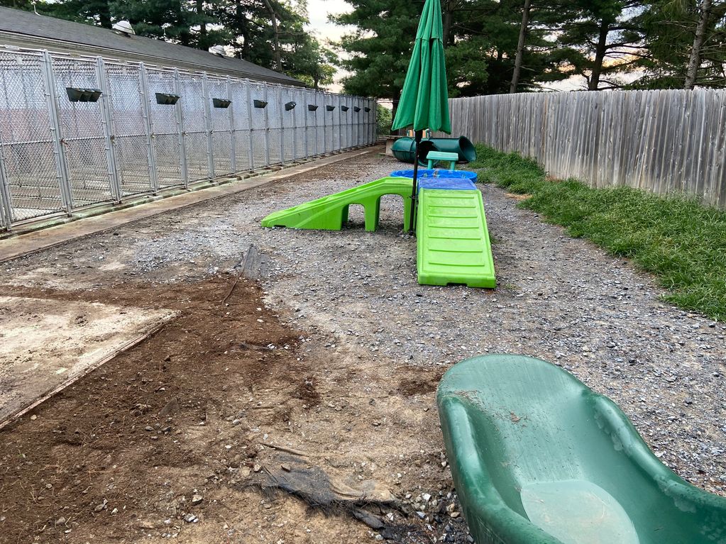 Outdoor playground with slides and umbrella.