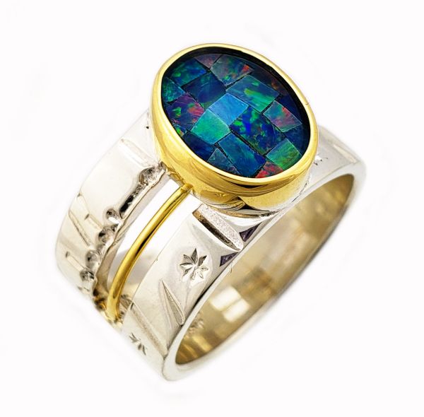 Time Traveler Straight Band Ring with Mosaic Opal Triplet