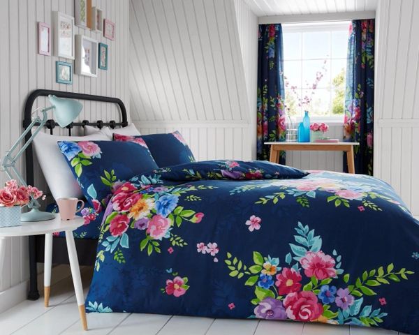 Dark Blue Floral Cotton Blend Duvet Cover Uk Discount Home