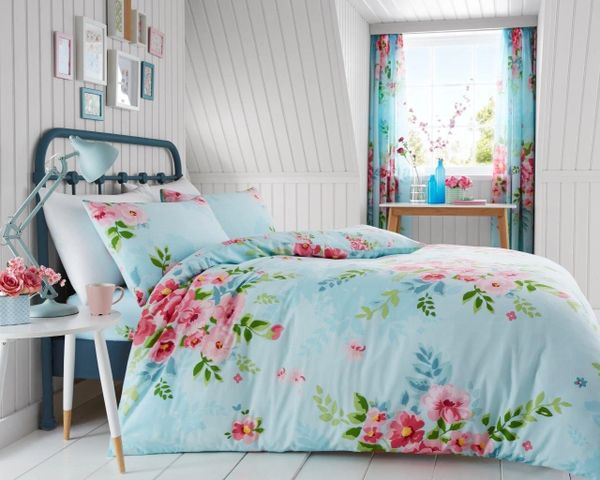 Pale Blue Floral Cotton Blend Duvet Cover Uk Discount Home
