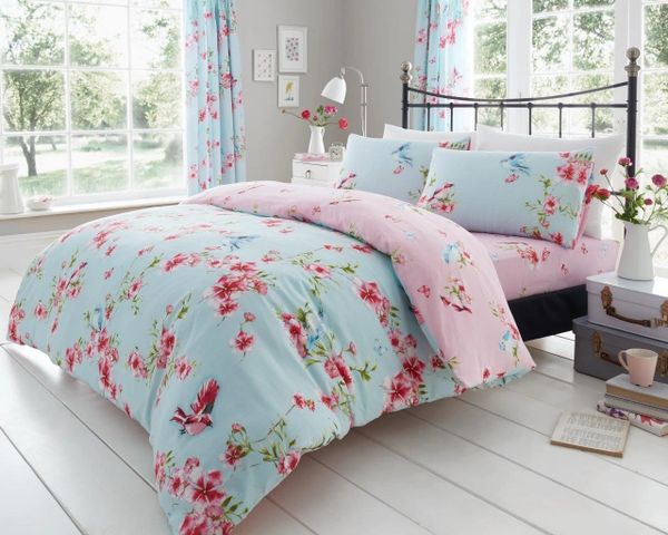 Birdie Floral Light Blue Cotton Blend Duvet Cover Uk Discount