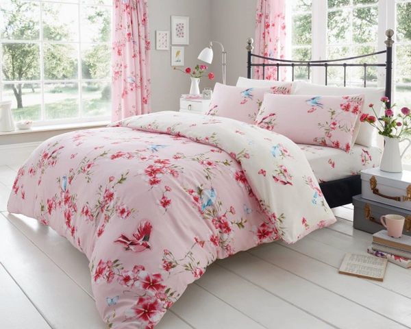 Birdie Floral Pink Cotton Blend Duvet Cover Uk Discount Home