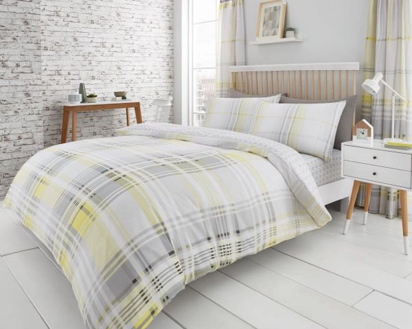 Check Grey Yellow Cotton Blend Duvet Cover Uk Discount Home