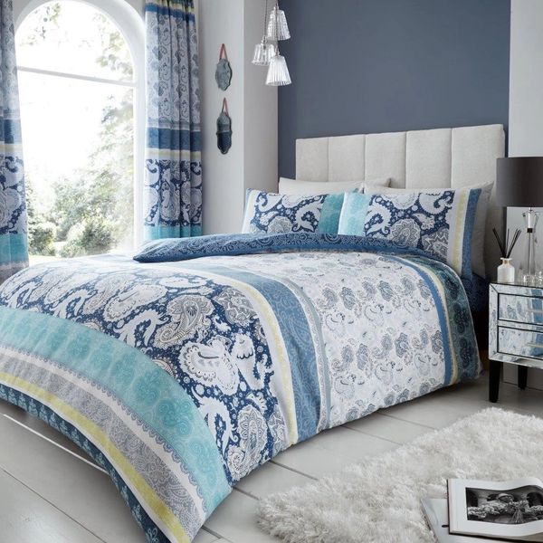 Blue Patterned Stripe Cotton Blend Duvet Cover Uk Discount Home