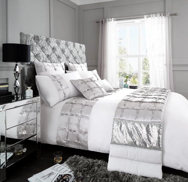 White Diamante Panel Cotton Blend Duvet Cover Uk Discount Home